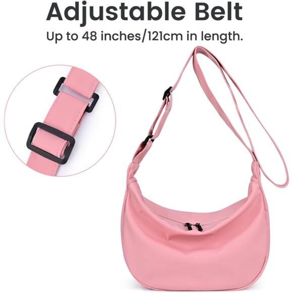 Mini Crescent Bag with Adjustable Strap, 2 Zippers Lightweight Nylon Bag - Rose - Picture 5 of 7